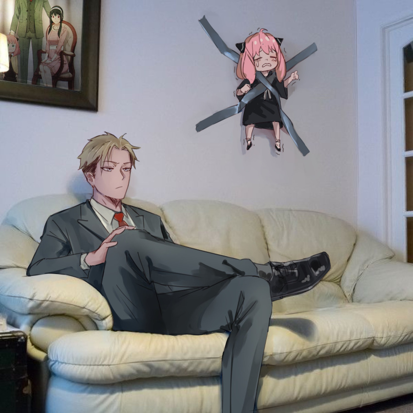 1boy 2girls absurdres anya_(spy_x_family) couch crying family_portrait highres hyde_(tabakko) multiple_girls parody photo-referenced photo_background sitting spy_x_family tape twilight_(spy_x_family) yor_briar