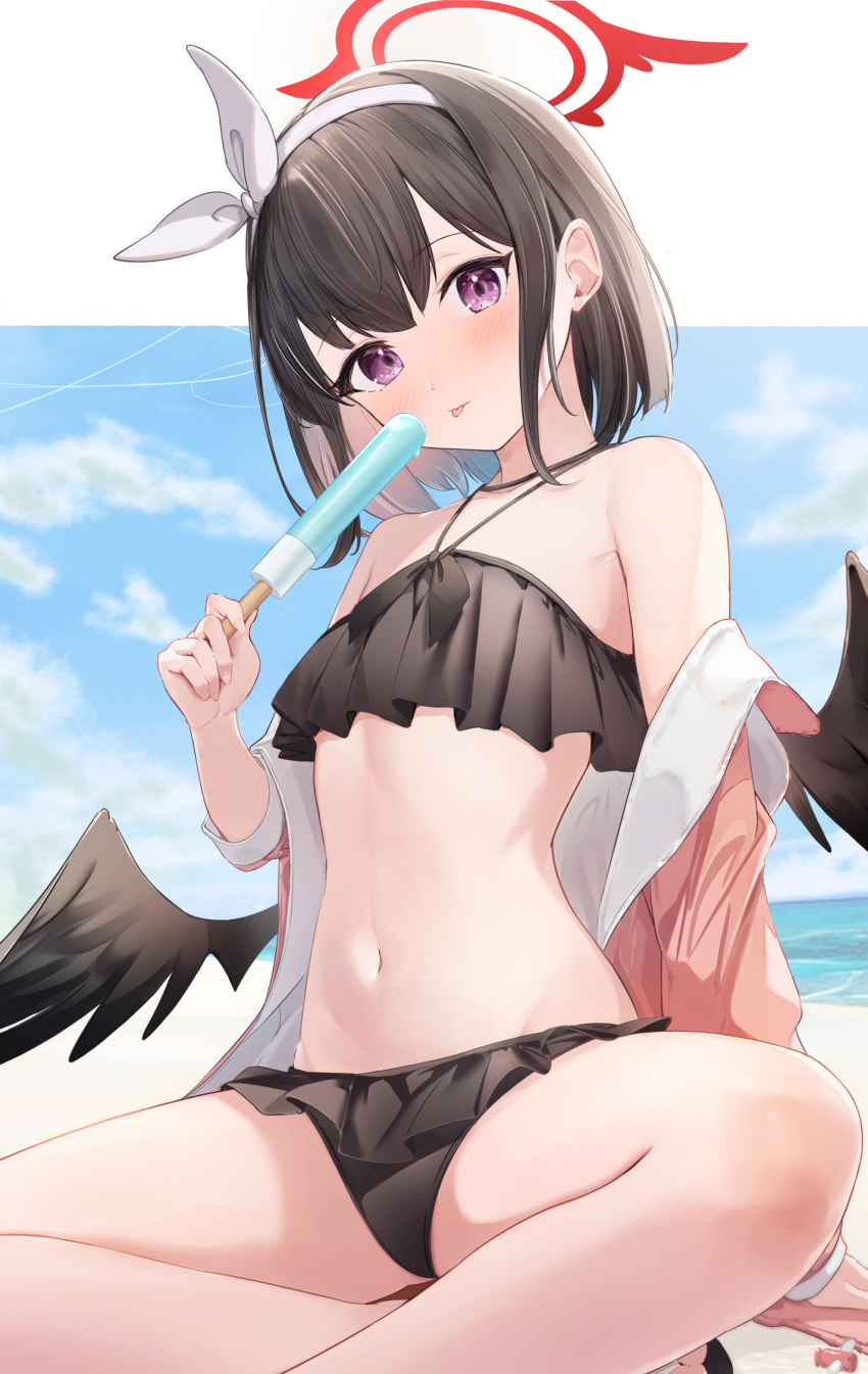 1girl :p bare_shoulders bikini black_bikini black_wings blue_archive blue_sky blush brown_hair closed_mouth collarbone day feet_out_of_frame food hair_ribbon hairband halo highres holding holding_food jacket long_sleeves looking_at_viewer mashiro_(blue_archive) navel nokke_o off_shoulder on_ground open_clothes open_jacket outdoors outside_border pink_jacket popsicle ribbon short_hair sitting sky solo spread_legs stomach swimsuit tongue tongue_out violet_eyes white_hairband white_ribbon wings