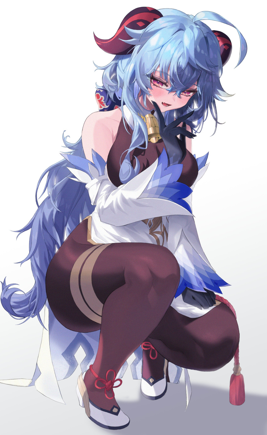 1girl absurdres ahoge bare_shoulders bell blue_hair blush breasts detached_sleeves full_body ganyu_(genshin_impact) genshin_impact gloves highres horns kneeling large_breasts long_hair looking_at_viewer open_mouth pantyhose red_eyes rima_rima_ri shoes simple_background smile solo squatting thighband_pantyhose