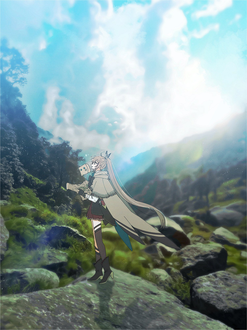 1girl ahoge asymmetrical_legwear bangs blurry boots brown_capelet brown_cloak brown_corset cape capelet cloak clouds cloudy_sky corset dagger depth_of_field feather_hair_ornament feathers forest friend_(nanashi_mumei) hair_ornament hieroglyphics highres hololive hololive_english jw9484 knee_strap kneehighs knife landscape lens_flare long_hair map mountain multicolored_hair nanashi_mumei nature photo_background pleated_skirt ponytail red_skirt ribbon rock shirt single_kneehigh single_thighhigh skirt sky streaked_hair sun sunlight thigh-highs thigh_strap tree very_long_hair virtual_youtuber weapon white_shirt