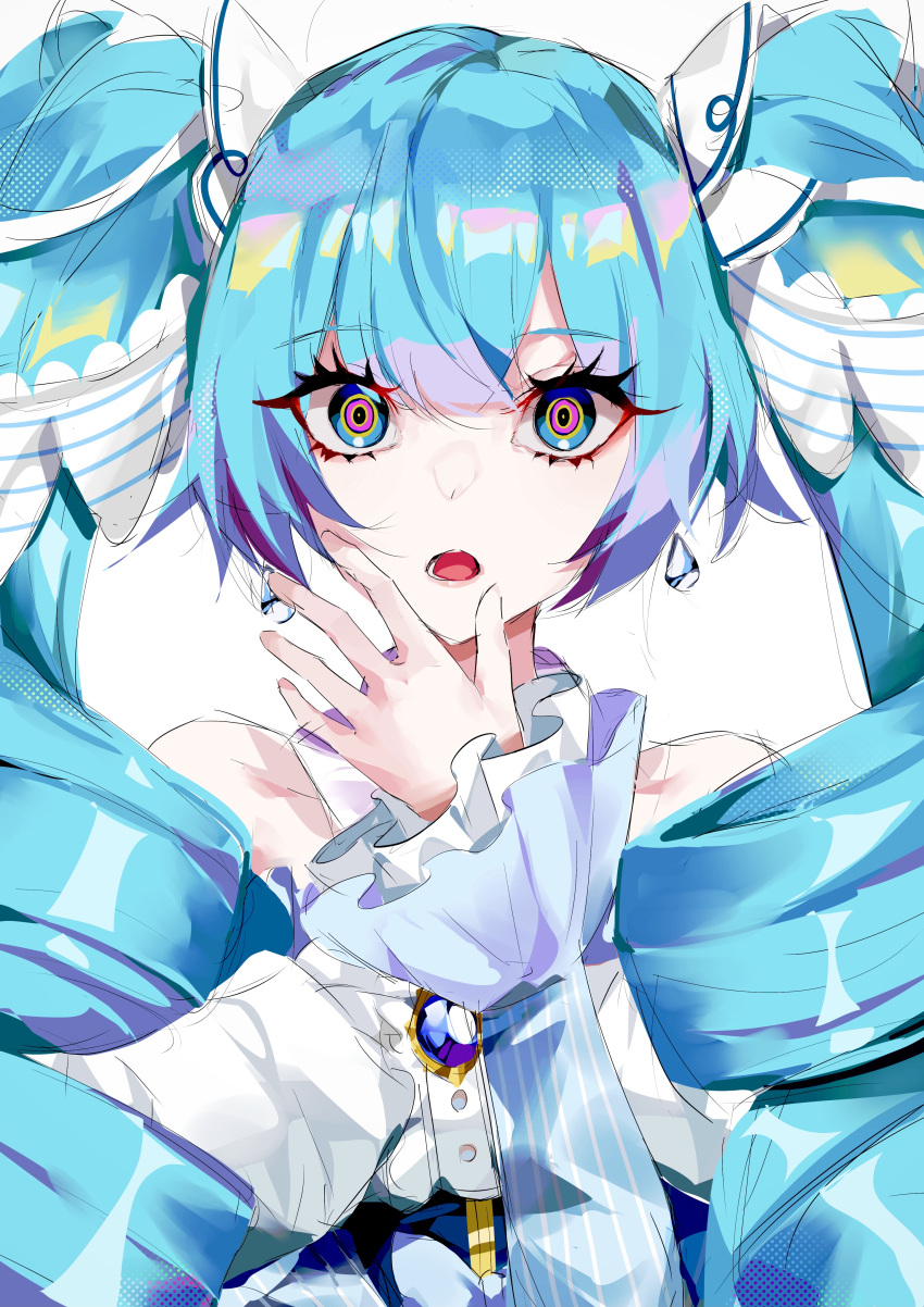 1girl absurdres aqua_eyes bangs bare_shoulders blue_hair drill_hair earrings eyebrows_visible_through_hair hatsune_miku highres jewelry long_hair long_sleeves looking_at_viewer mikaduki_3636 open_mouth red_pupils simple_background solo twin_drills twintails upper_body vocaloid white_background yuki_miku yuki_miku_(2019)