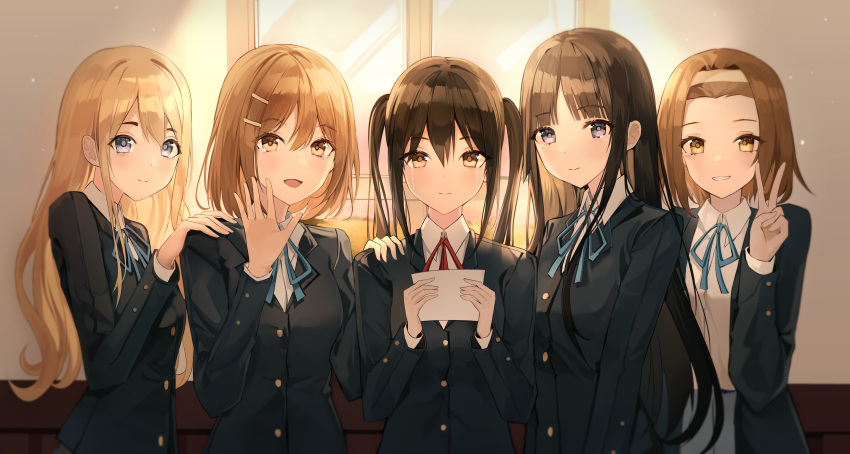 5girls :d absurdres akiyama_mio bangs black_hair black_jacket blonde_hair blue_eyes blue_ribbon blunt_bangs brown_eyes brown_hair closed_mouth collared_shirt crying crying_with_eyes_open dress_shirt fu_u03 grin hair_ornament hairband hairclip hand_on_another's_shoulder happy_tears highres hirasawa_yui holding indoors jacket k-on! kotobuki_tsumugi long_hair long_sleeves looking_at_viewer medium_hair multiple_girls nakano_azusa neck_ribbon open_mouth red_ribbon ribbon sakuragaoka_high_school_uniform school_uniform shiny shiny_hair shirt smile straight_hair tainaka_ritsu tears twintails v very_long_hair white_hairband white_shirt wing_collar yellow_eyes