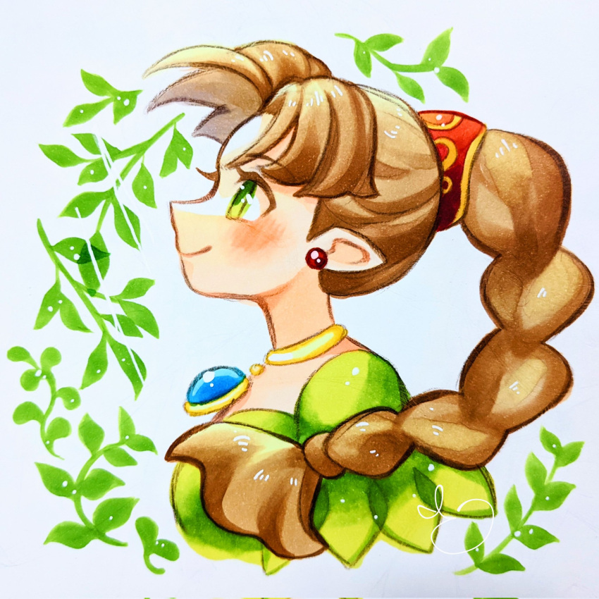 1girl bangs breasts brown_hair close-up closed_mouth dress earrings eyebrows_visible_through_hair eyelashes face fairy green_dress green_eyes hair_ornament highres jewelry leaf long_hair looking_up medium_breasts necklace nintendo nose oimo_(oimono2ji) panel_de_pon pointy_ears ponytail portrait puffy_short_sleeves puffy_sleeves short_sleeves simple_background smile solo stud_earrings teana_(panel_de_pon) white_background