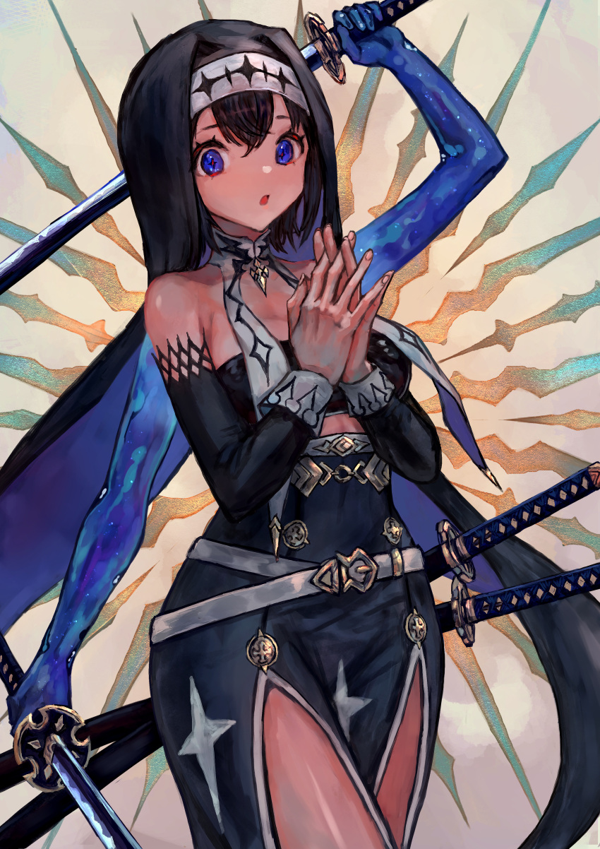 1girl :o absurdres bangs bare_shoulders belt black_hair blue_eyes cowboy_shot detached_sleeves dual_wielding extra_arms habit high-waist_skirt highres holding holding_sword holding_weapon katana long_hair looking_at_viewer medium_hair nun open_mouth original sabamisob sheath sheathed skirt solo standing strapless sword tube_top weapon