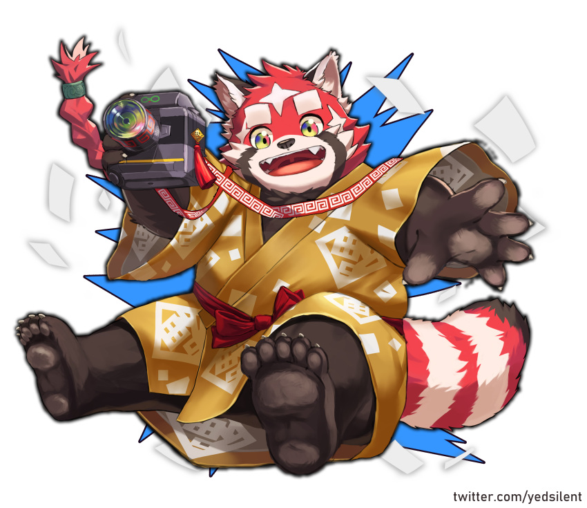 1boy absurdres bow braid brown_fur camera claws fangs fangs_out furry furry_male highres holding holding_camera japanese_clothes kimono male_focus multicolored_fur outline red_fur red_panda_boy red_panda_ears red_panda_tail solo thick_eyebrows tokyo_afterschool_summoners twitter_username white_background white_fur yed_(47241538) yellow_kimono zhurong_(housamo)