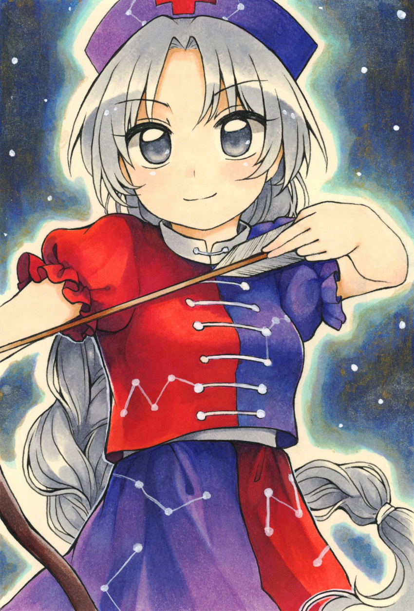 1girl arrow_(projectile) bangs blouse blue_shirt blue_skirt bow_(weapon) braid closed_mouth collared_shirt commentary_request constellation constellation_print cross eyebrows_visible_through_hair frilled_sleeves frills grey_eyes grey_hair hat highres long_hair long_skirt maa_(forsythia1729) marker_(medium) multicolored_clothes multicolored_shirt multicolored_skirt nurse nurse_cap parted_bangs puffy_short_sleeves puffy_sleeves red_cross red_shirt red_skirt shirt short_sleeves single_braid skirt touhou traditional_media very_long_hair weapon yagokoro_eirin