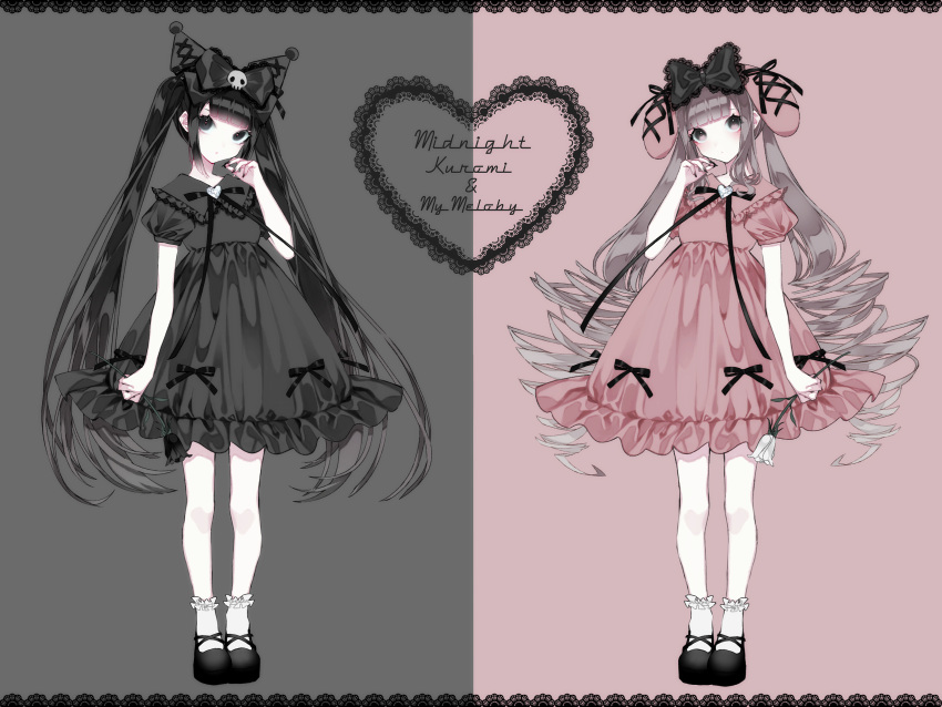 1055 2girls :o absurdres animal_ears bangs bare_arms black_bow black_dress black_eyes black_flower black_footwear black_hair black_nails black_ribbon black_rose blunt_bangs border bow brooch cat_ears character_name cross-laced_clothes dress drill_hair ear_ribbon english_text fingernails flower frilled_dress frilled_legwear frills full_body gem grey_background grey_hair hair_ornament hand_up head_tilt heart heart_brooch highres holding holding_flower jewelry kuromi lace-trimmed_bow lace-trimmed_dress lace_trim long_fingernails long_hair looking_at_viewer mary_janes matching_outfit multiple_girls my_melody neck_ribbon onegai_my_melody parted_lips personification pink_dress puffy_short_sleeves puffy_sleeves rabbit_ears ribbon rose shoes short_sleeves sidelocks simple_background skull_hair_ornament socks standing straight_hair symmetrical_pose twin_drills twintails very_long_hair white_flower white_rose