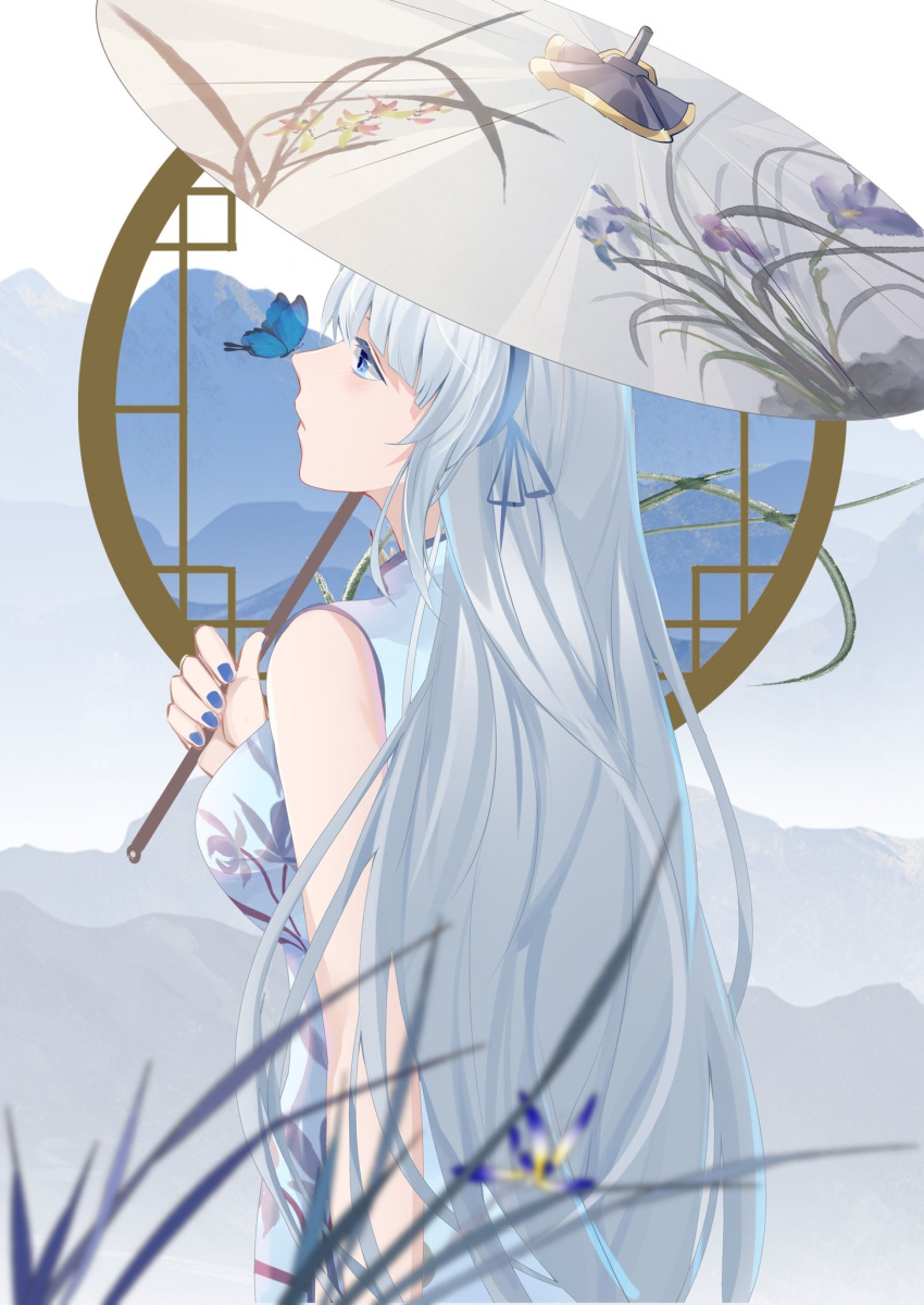 1girl blue_butterfly blue_dress blue_eyes blue_hairband blue_nails breasts bug butterfly butterfly_on_nose china_dress chinese_clothes diao_mao_de_yu_shushu dress from_side hairband highres holding holding_umbrella long_hair looking_up medium_breasts mountain mylene_rafa_holfort otome_gee_sekai_wa_mob_ni_kibishii_sekai_desu silver_hair solo umbrella very_long_hair