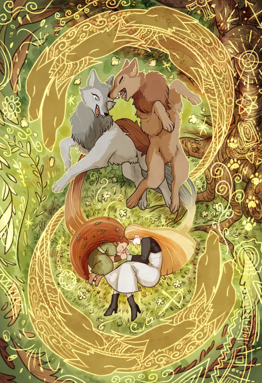 2girls apron barefoot blonde_hair blue_eyes boots closed_eyes commentary_request dress dual_persona grass highres leaf lying mebh_og_mactire minamo_genkou multiple_girls on_side one_eye_closed paw_print redhead robyn_goodfellowe sleeping tree wolf wolfwalkers