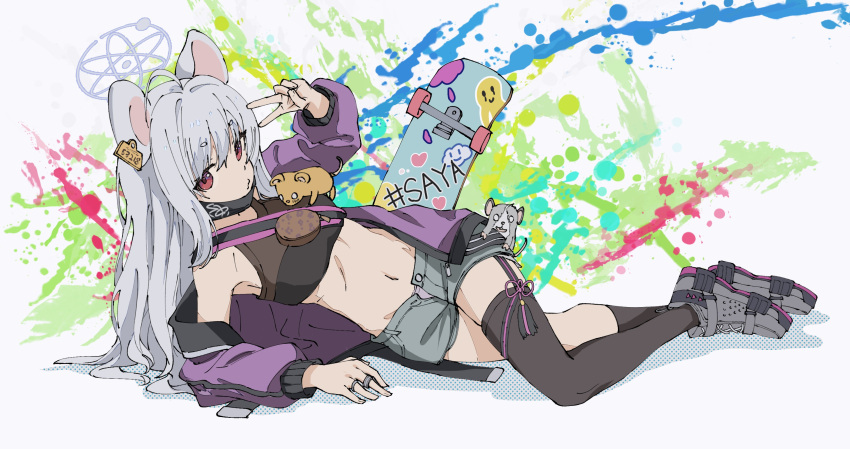 1girl absurdres animal_ears armpits asymmetrical_legwear black_legwear blue_archive casual full_body grey_hair halo highres jacket looking_at_viewer mouse_ears navel red_eyes saya_(blue_archive) shorts simple_background single_thighhigh skateboard solo thigh-highs v white_background yu_yin