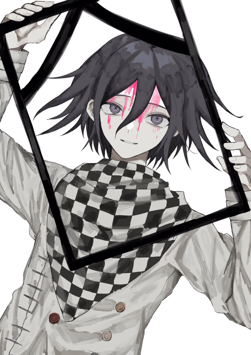 1boy bangs black_hair blood blood_on_face buttons checkered_clothes checkered_scarf danganronpa_(series) danganronpa_v3:_killing_harmony double-breasted grey_background grey_jacket hair_between_eyes highres holding holding_frame jacket long_sleeves male_focus pink_blood scarf shiny shiny_hair simple_background solo upper_body wa_noko