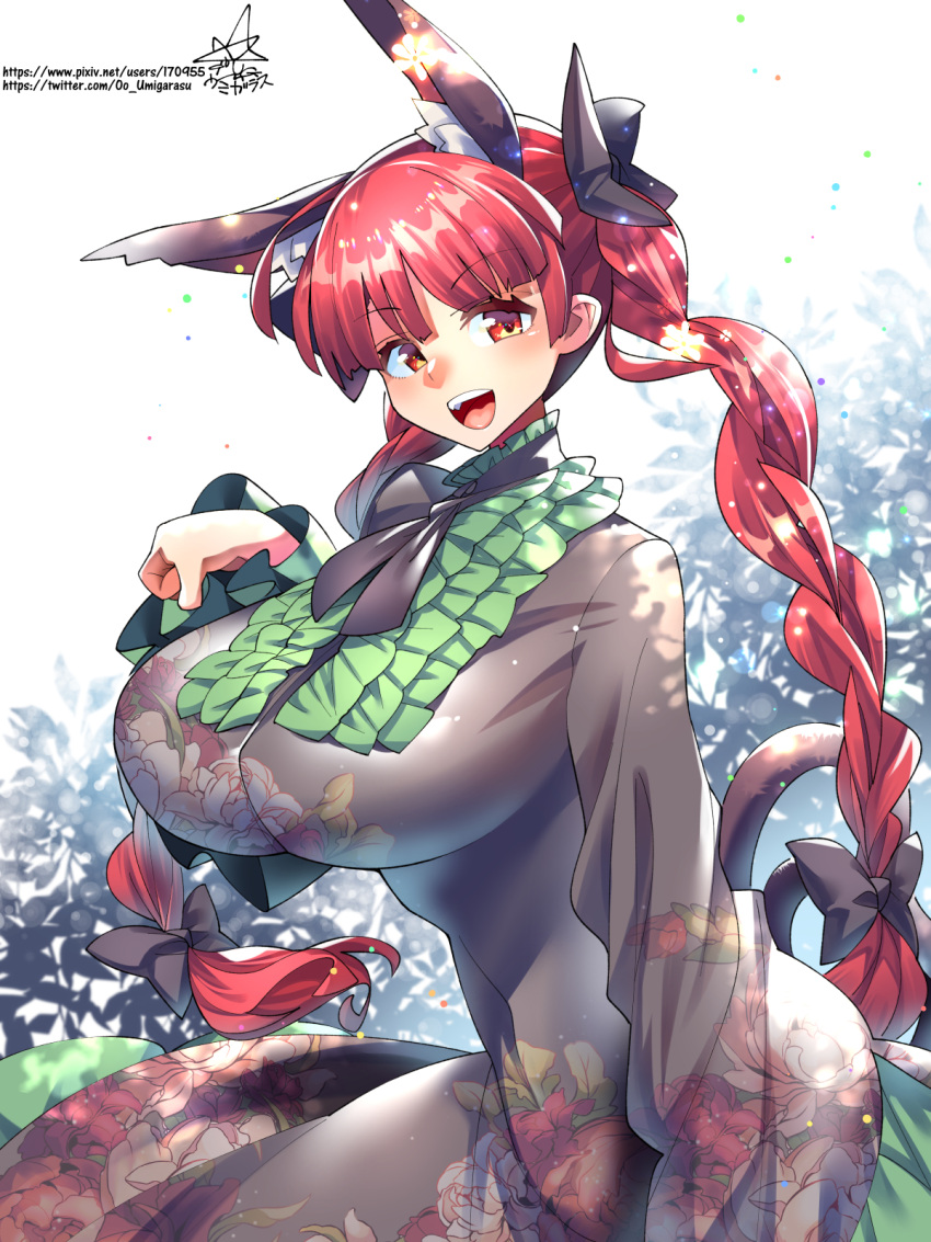 1girl animal_ears braid breasts cat_ears cat_tail dress extra_ears frilled_dress frilled_sleeves frills green_dress highres juliet_sleeves kaenbyou_rin large_breasts long_hair long_sleeves nekomata puffy_sleeves red_eyes redhead solo tail touhou twin_braids umigarasu_(kitsune1963)