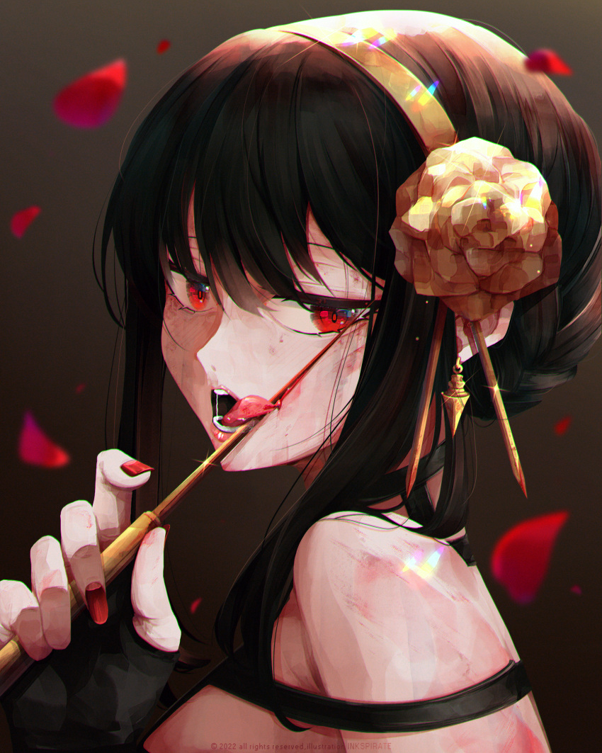 1girl bare_shoulders black_dress black_gloves black_hair blood blood_on_weapon choker dagger dress earrings face fingerless_gloves gloves hair_ornament hairband half-closed_eyes highres holding holding_weapon inkspirate jewelry knife licking licking_weapon looking_at_viewer nail_polish open_mouth petals red_eyes red_nails saliva sidelocks solo spy_x_family tongue tongue_out weapon yor_briar