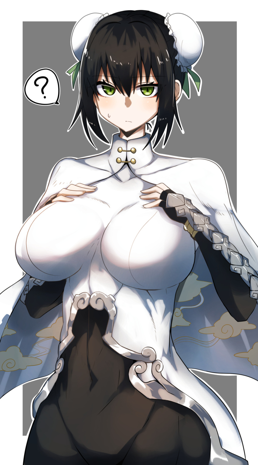 1girl ? arm_guards bangs black_bodysuit black_gloves black_hair bodysuit breasts bun_cover cape covered_navel double_bun elbow_gloves fate/grand_order fate_(series) fingerless_gloves gin_moku gloves green_eyes green_ribbon hair_ribbon highres jewelry large_breasts looking_at_viewer neck_ring qin_liangyu_(fate) ribbon sidelocks solo white_bodysuit white_cape