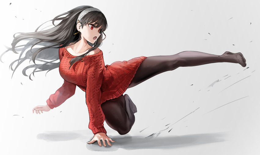 1girl :o absurdres arm_support bangs black_hair black_legwear breasts dress earrings eyebrows_visible_through_hair full_body hairband highres jewelry kicking large_breasts long_hair long_sleeves no_shoes off-shoulder_dress off-shoulder_sweater off_shoulder open_mouth pantyhose red_dress red_eyes red_sweater simple_background solo spy_x_family sweater very_long_hair white_background white_hairband yor_briar yuki_(asayuki101)