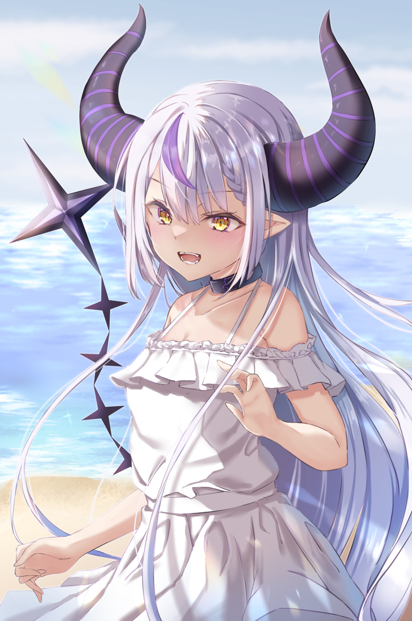 1girl :d absurdres bangs bare_shoulders beach blue_sky blush braid collar collarbone commentary_request cowboy_shot day dress eyebrows_visible_through_hair frilled_dress frills highres hololive horns la+_darknesss long_hair looking_at_viewer multicolored_hair ocean open_mouth outdoors pointy_ears purple_hair silver_hair sky smile solo streaked_hair two-tone_hair v-shaped_eyebrows very_long_hair virtual_youtuber water white_dress wosero yellow_eyes