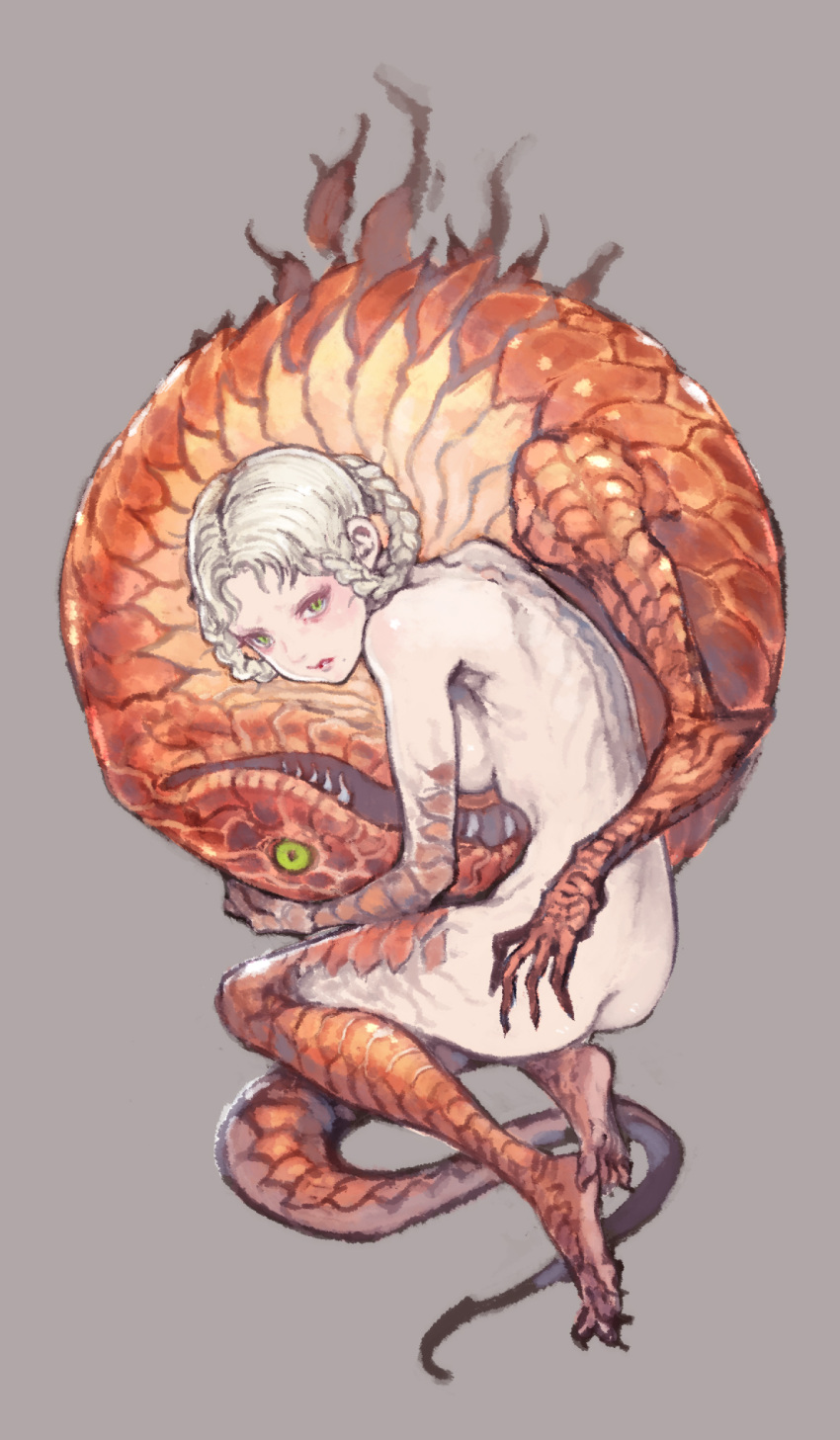 1girl ass bangs blonde_hair blush braid claws dual_persona elden_ring fangs green_eyes hair_rings highres holding looking_at_viewer mole mole_under_mouth muuten nude open_mouth rya_(elden_ring) scales short_hair simple_background snake solo white_background