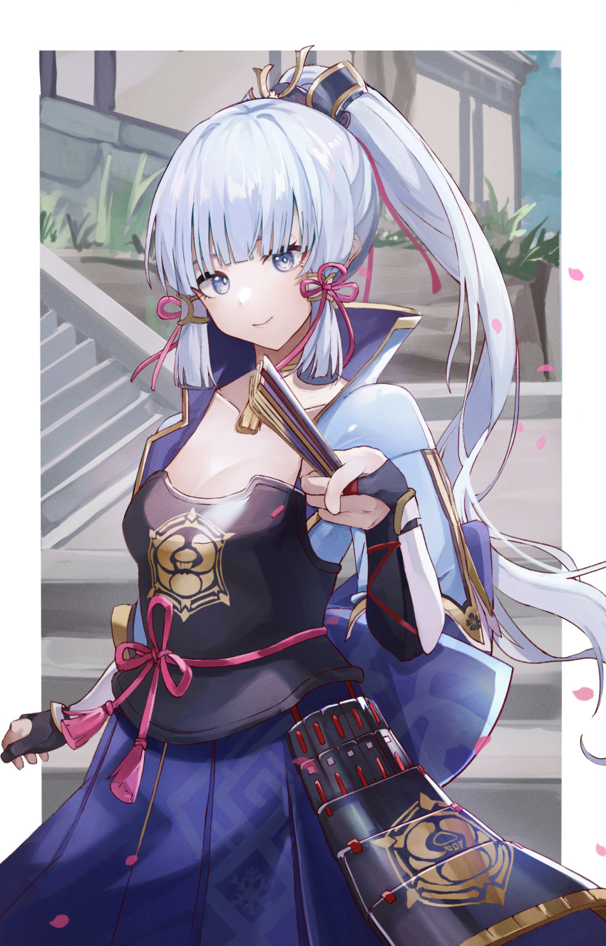 1girl absurdres arm_guards armor armored_dress bangs blue_dress blue_eyes blue_shirt blunt_bangs blush breastplate breasts bridal_gauntlets detached_sleeves dress genshin_impact hair_ornament highres japanese_armor jewelry kamisato_ayaka large_breasts light_blue_hair long_hair looking_at_viewer megu_(pixiv9460065) neck_ring open_clothes open_shirt ponytail rope shirt short_sleeves sidelocks tassel