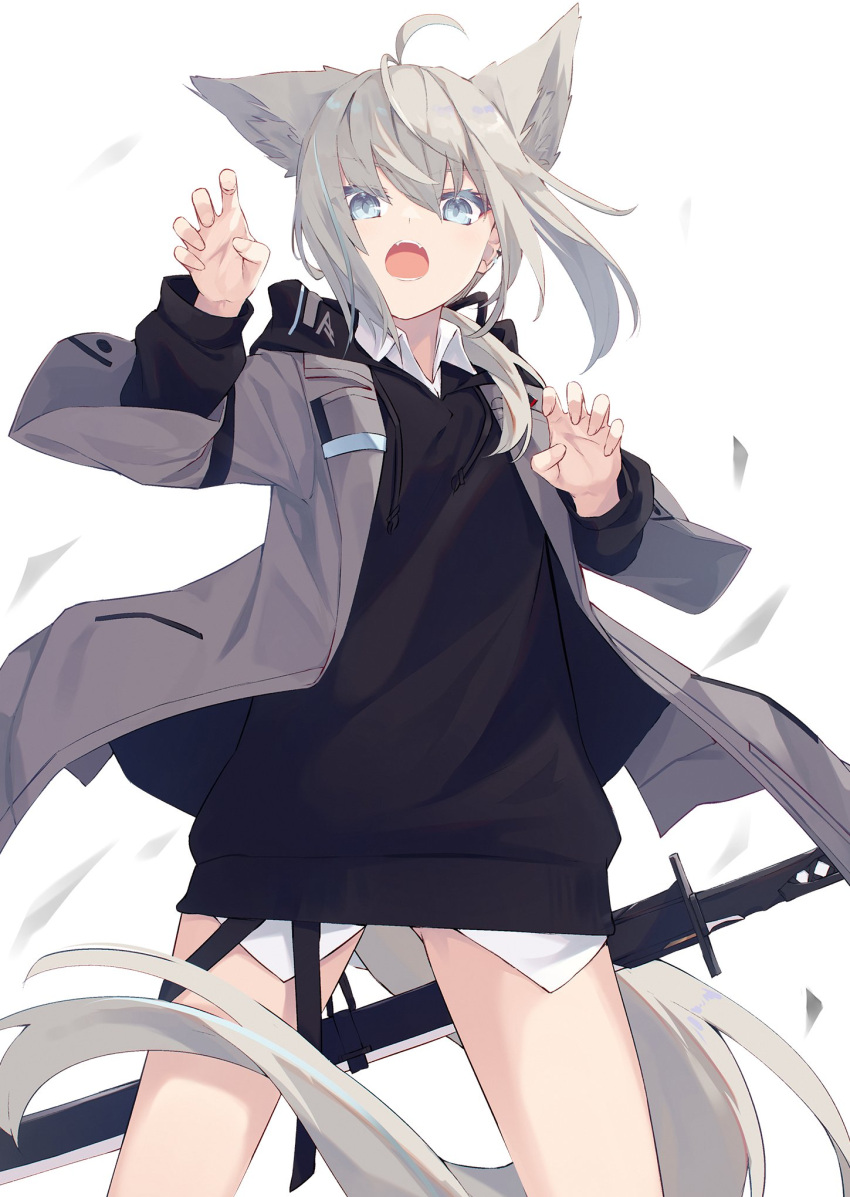 1girl ahoge animal_ears ass_visible_through_thighs bangs black_hoodie blue_eyes bottomless claw_pose collared_shirt commentary_request cowboy_shot dress_shirt ear_piercing eyebrows_visible_through_hair fangs fox_ears grey_jacket highres hood hoodie jacket looking_at_viewer medium_hair nagishiro_mito open_mouth original piercing shirt silver_hair solo standing sword tail thighs weapon white_shirt wing_collar