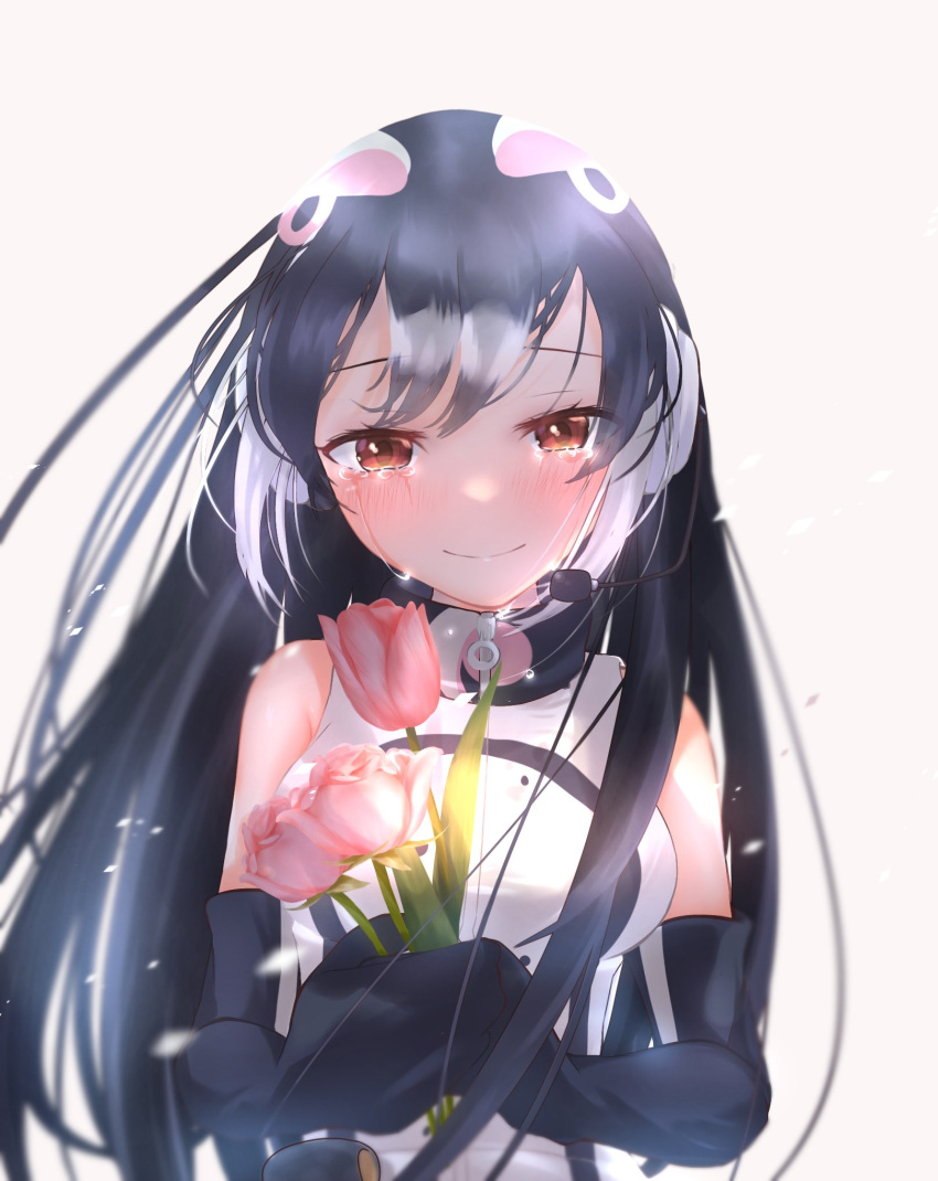 african_penguin_(kemono_friends) bare_shoulders black_hair blush brown_eyes closed_mouth crying crying_with_eyes_open elbow_gloves flower gloves happy happy_tears headphones highres holding holding_flower jacket kemono_friends kemono_friends_v_project long_hair looking_at_viewer multicolored_hair sarutori sleeveless sleeveless_jacket smile tears upper_body very_long_hair white_hair zipper zipper_pull_tab