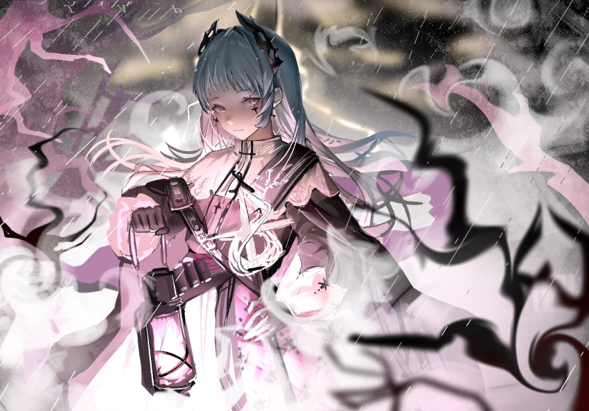 1girl arknights artist_name bangs black_gloves black_shirt chouchouhei closed_mouth cowboy_shot earrings face gloves hand_on_hip holding holding_lantern irene_(arknights) jewelry lantern long_hair looking_at_viewer outdoors purple_skirt rain scar scar_across_eye scar_on_face shirt silver_hair skirt solo sword weapon
