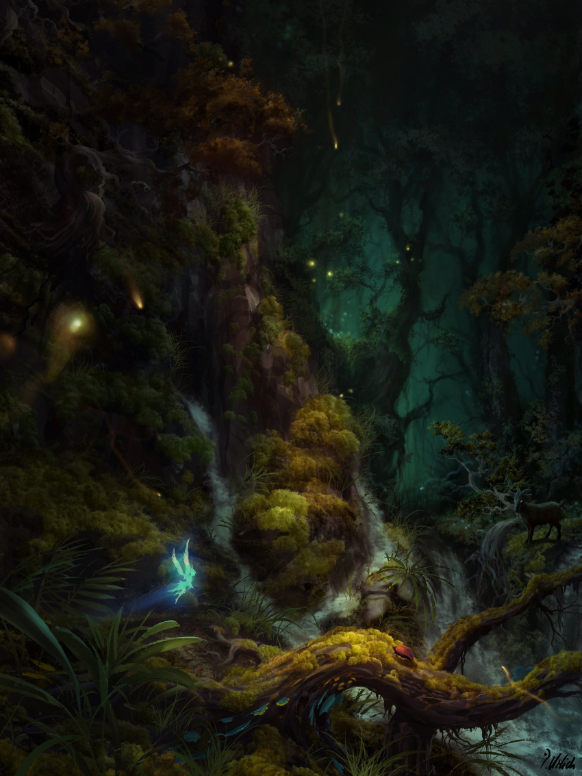 absurdres animal branch bug bush deer english_commentary fairy fantasy fireflies forest grass highres leaf moss mountain nature night no_humans original outdoors petals philipp_urlich scenery tree water waterfall