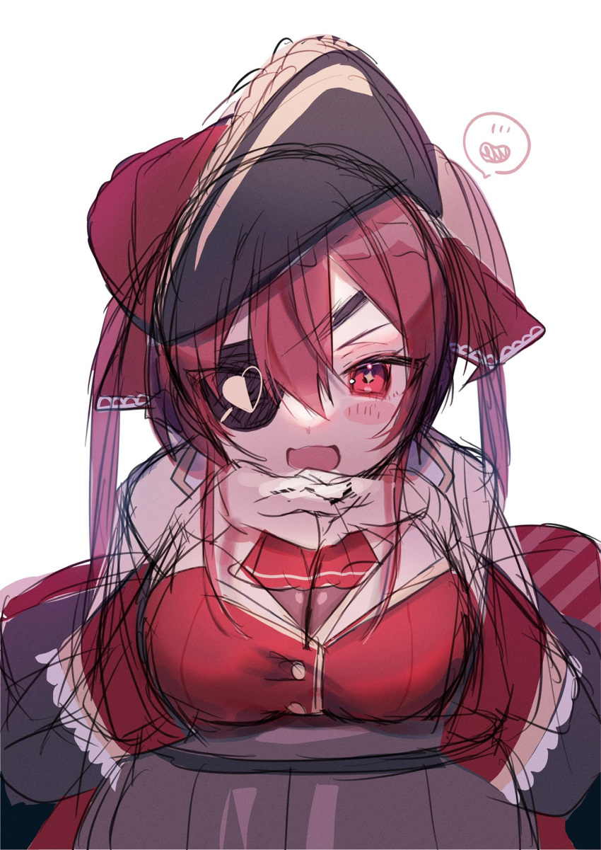 1girl :3 ascot bangs barrel black_headwear black_jacket blush breasts eyepatch gloves hat heart highres hololive houshou_marine jacket kom0980 leaning_forward medium_breasts off_shoulder one_eye_covered open_mouth pirate_hat red_ascot red_eyes redhead sketch smile solo speech_bubble spoken_heart twintails virtual_youtuber white_background white_gloves