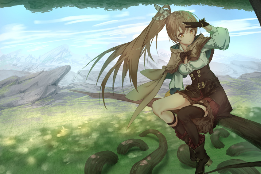 1girl absurdres asymmetrical_legwear bangs belt boots branch brown_capelet brown_cloak brown_corset brown_eyes brown_hair cape capelet cloak clouds cloudy_sky corset feather_hair_ornament feathers field gloves grass hair_ornament hand_up hieroglyphics highres hololive hololive_english in_tree knee_strap kneehighs lantern lbkei long_hair looking_at_viewer mountainous_horizon multicolored_hair nanashi_mumei ponytail red_skirt ribbon rock roots shirt single_kneehigh single_thighhigh sitting sitting_in_tree skirt sky solo streaked_hair thigh-highs thigh_strap tree very_long_hair virtual_youtuber white_shirt