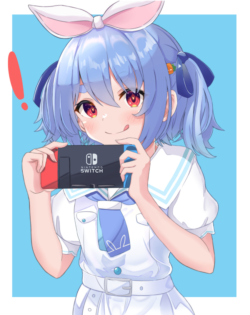 ! 1girl :q absurdres bangs blue_background blue_hair carrot_hair_ornament closed_mouth controller food-themed_hair_ornament game_controller hair_ornament highres holding holding_controller holding_game_controller hololive kuronekootuta looking_at_viewer nintendo_switch outside_border red_eyes short_hair simple_background smile solo tongue tongue_out upper_body usada_pekora virtual_youtuber