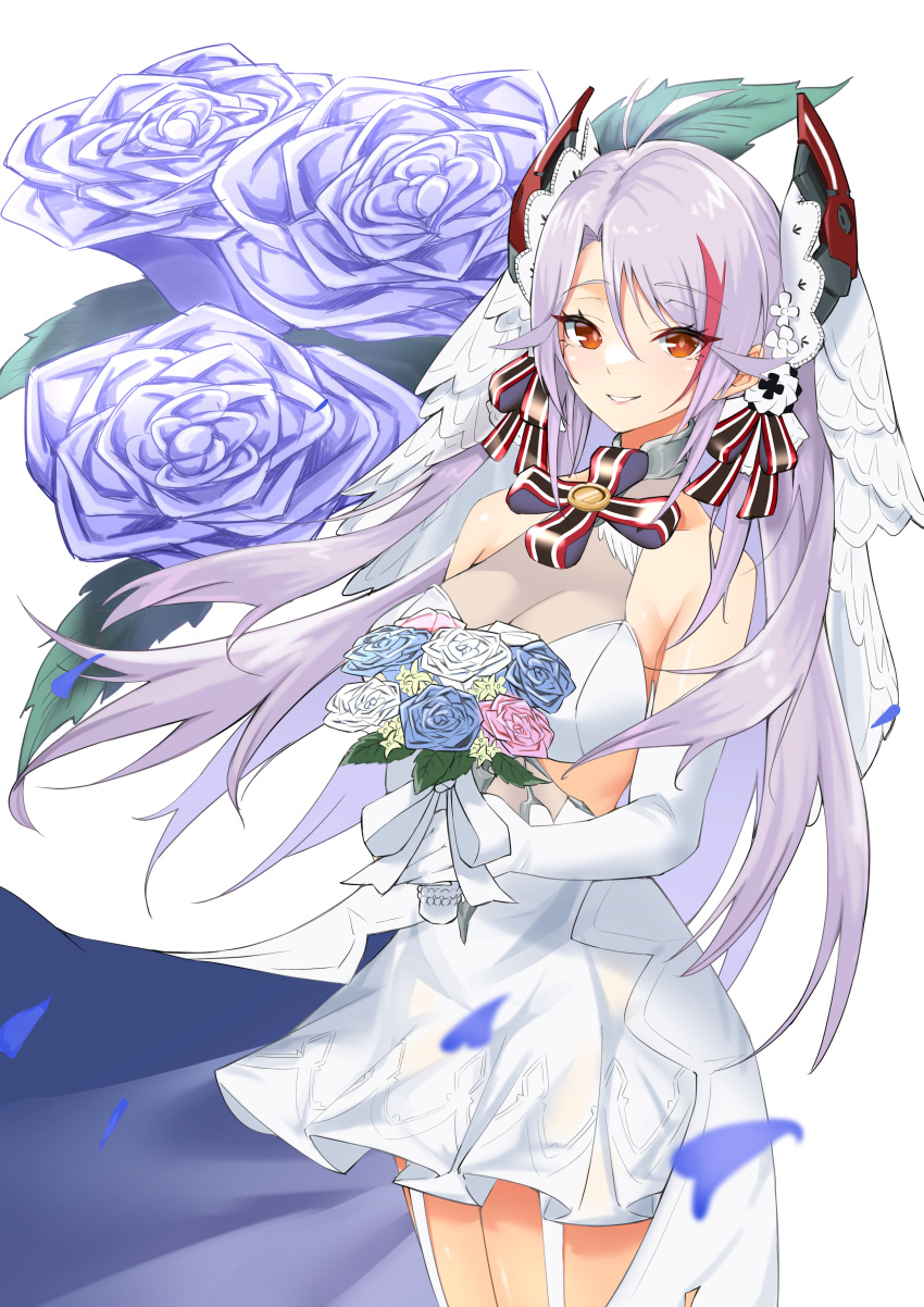 1girl absurdres azur_lane bare_shoulders blue_flower blue_rose bouquet breasts bridal_veil commentary_request dress elbow_gloves flower gloves hair_ornament highres holding holding_bouquet large_breasts long_hair looking_at_viewer multicolored_hair nukege_ojisan pink_flower pink_rose prinz_eugen_(azur_lane) prinz_eugen_(symphonic_fate)_(azur_lane) red_eyes redhead rose short_dress silver_hair smile solo streaked_hair veil wedding_dress white_dress white_flower white_gloves white_rose