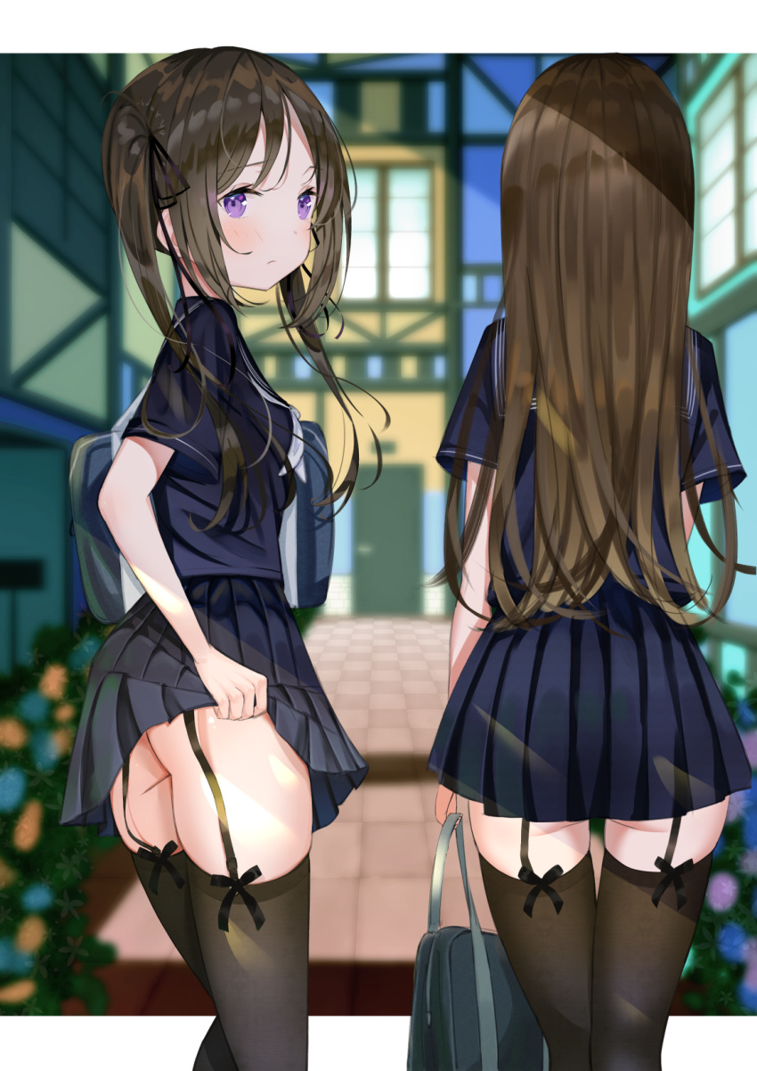 2girls ass bag bangs black_collar black_legwear black_ribbon black_serafuku black_shirt black_skirt blurry blurry_background blush breasts brown_hair building closed_mouth clothes_lift collar commentary_request depth_of_field eyebrows_visible_through_hair flower from_behind garter_straps hair_ribbon highres long_hair looking_at_viewer looking_back multiple_girls original outdoors pleated_skirt ribbon sakura_yuu_(hzjy8485) school_bag school_uniform serafuku shirt short_sleeves skirt skirt_lift small_breasts standing thigh-highs violet_eyes window