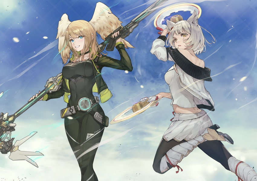 2girls animal_ears bangs black_bodysuit black_choker black_jacket blue_eyes bodysuit breast_tattoo breasts camisole cat_ears chakram chest_jewel choker collarbone eunie_(xenoblade) eyebrows_visible_through_hair fadingz head_wings hood jacket large_breasts leggings long_hair long_sleeves looking_at_viewer mio_(xenoblade) multiple_girls open_clothes open_jacket pantyhose short_hair shoulder_strap simple_background skirt small_breasts tank_top tattoo weapon white_camisole white_hair white_jacket white_skirt white_tank_top wings xenoblade_chronicles_(series) xenoblade_chronicles_3 yellow_eyes