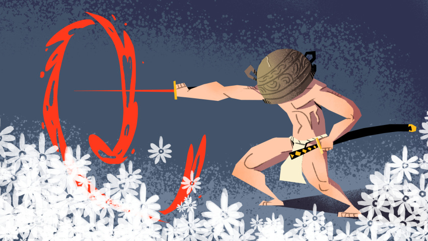 1boy attack barefoot blood blood_splatter covered_face crossover elden_ring english_commentary field flower flower_field fundoshi hand_on_hilt highres holding holding_sword holding_weapon japanese_clothes katana let_me_solo_her loincloth male_focus muscular muscular_male pot_on_head revujo samurai_jack samurai_jack_(character) solo sword topless_male weapon white_flower