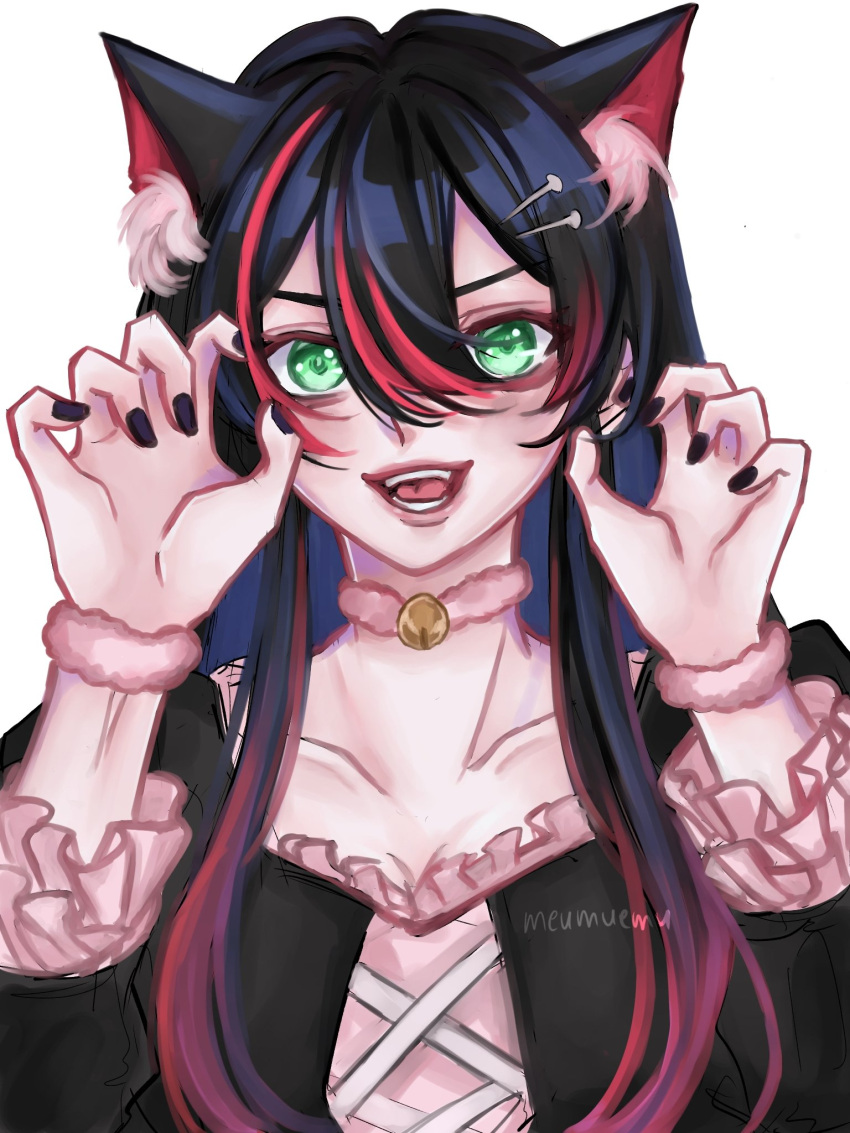 1girl animal_ears bell black_dress black_hair black_nails cat_ears claw_pose collarbone dress frilled_dress frills fur_choker green_eyes highres kemonomimi_mode mika_melatika miyu_(meumuemu) multicolored_hair neck_bell nijisanji nijisanji_id open_mouth portrait redhead smile solo streaked_hair virtual_youtuber white_background