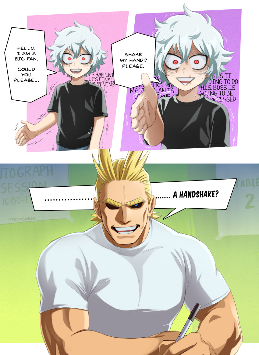 2boys absurdres all_might alternate_costume bangs black_sclera black_shirt blonde_hair boku_no_hero_academia colored_sclera english_text grey_hair hair_between_eyes hand_up highres holding holding_pen medium_hair multiple_boys muscular muscular_male open_mouth pen pink_background red_eyes shigaraki_tomura shirt short_hair speech_bubble sweat teeth trembling trevo_(trevoshere) triangle_mouth younger