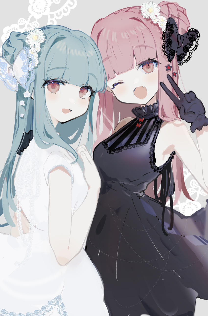 2girls absurdres bangs bare_arms black_bow black_dress black_gloves blue_hair blunt_bangs bow butterfly_bowtie commentary dress fang flower gloves grey_background hair_bow hair_flower hair_ornament hand_on_another's_shoulder highres imamiya_pinoko kotonoha_akane kotonoha_aoi lace-trimmed_bow lace_trim multiple_girls one_eye_closed open_mouth pink_hair red_eyes siblings sisters skin_fang sleeveless sleeveless_dress smile v voiceroid white_bow white_dress white_flower