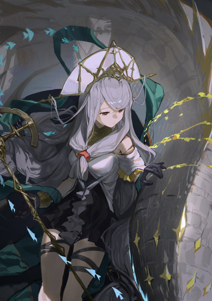 1girl arknights bangs bare_shoulders black_dress black_gloves breasts clay_(clayjun) closed_mouth dress fish front_ponytail gloves hat highres holding holding_staff layered_dress long_hair looking_away looking_to_the_side medium_breasts monster official_alternate_costume red_eyes short_sleeves silver_hair sitting skadi_(arknights) skadi_the_corrupting_heart_(arknights) skadi_the_corrupting_heart_(sublimation)_(arknights) solo staff thigh_strap two-tone_dress very_long_hair white_dress white_headwear