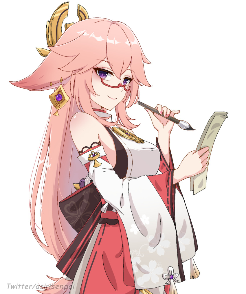1girl animal_ears asiri_senpai bangs bespectacled calligraphy_brush commentary detached_sleeves earrings english_commentary eyebrows_visible_through_hair fox_ears fox_girl genshin_impact glasses hair_between_eyes hair_ornament highres holding jewelry long_hair long_sleeves looking_at_viewer low-tied_long_hair nontraditional_miko ofuda paintbrush pink_hair ribbon-trimmed_sleeves ribbon_trim semi-rimless_eyewear sidelocks simple_background solo twitter_username violet_eyes vision_(genshin_impact) white_background wide_sleeves yae_miko
