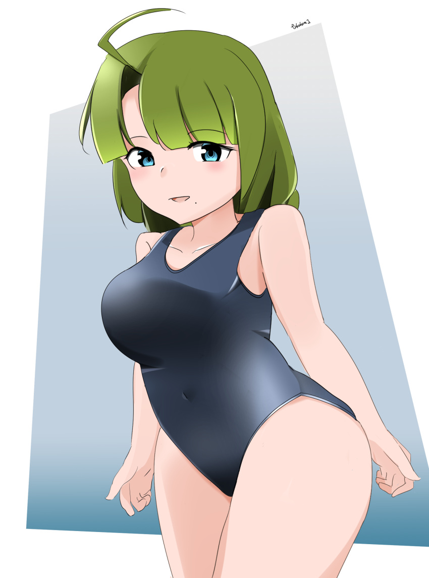 absurdres ahoge blue_background blue_swimsuit braid breasts collarbone cowboy_shot eyebrows_visible_through_hair green_hair haneda_(tsukubane) highres kantai_collection long_hair medium_breasts mole mole_under_mouth new_school_swimsuit one-piece_swimsuit open_mouth school_swimsuit single_braid smile swimsuit two-tone_background very_long_hair white_background yuugumo_(kancolle)