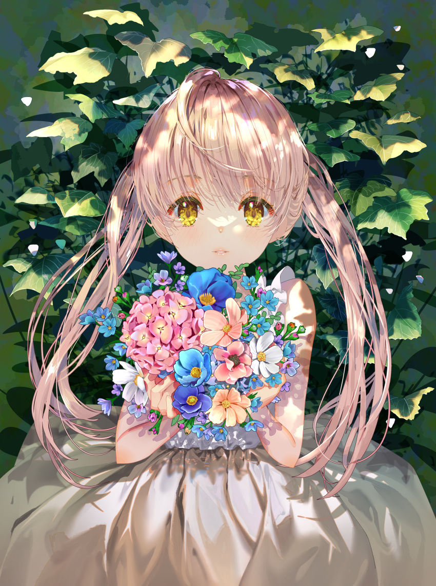 1girl absurdres bangs bare_arms bare_shoulders blue_flower bouquet brown_hair commentary dress english_commentary eyebrows_visible_through_hair flower hair_between_eyes highres holding holding_bouquet long_hair looking_at_viewer mintchoco_(orange_shabette) original parted_lips pink_flower plant purple_flower sleeveless sleeveless_dress solo twintails very_long_hair white_dress white_flower yellow_eyes