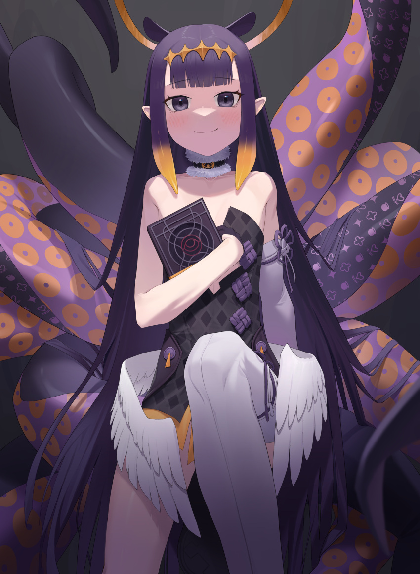 1girl absurdres animal_ears ao-chan_(ninomae_ina'nis) bangs black_eyes black_hair black_leotard blunt_bangs book commentary extra_ears eyebrows_visible_through_hair feathered_wings glow_(user_hnpv7785) halo highres holding holding_book hololive hololive_english leotard long_hair looking_at_viewer low_wings ninomae_ina'nis pointy_ears sidelocks simple_background single_thighhigh smile solo strapless strapless_leotard tentacle_hair tentacles thigh-highs virtual_youtuber white_legwear white_wings wings