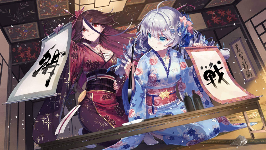 2girls bangs benghuai_xueyuan blue_eyes blue_kimono closed_mouth domotolain dress drill_hair full_moon hair_ornament highres holding holding_brush holding_scroll honkai_(series) honkai_impact_3rd houraiji_kyuushou indoors japanese_clothes kiana_kaslana kimono long_hair long_sleeves moon multiple_girls official_art purple_dress purple_hair purple_kimono scroll seiza sitting smile twin_drills violet_eyes white_hair white_legwear