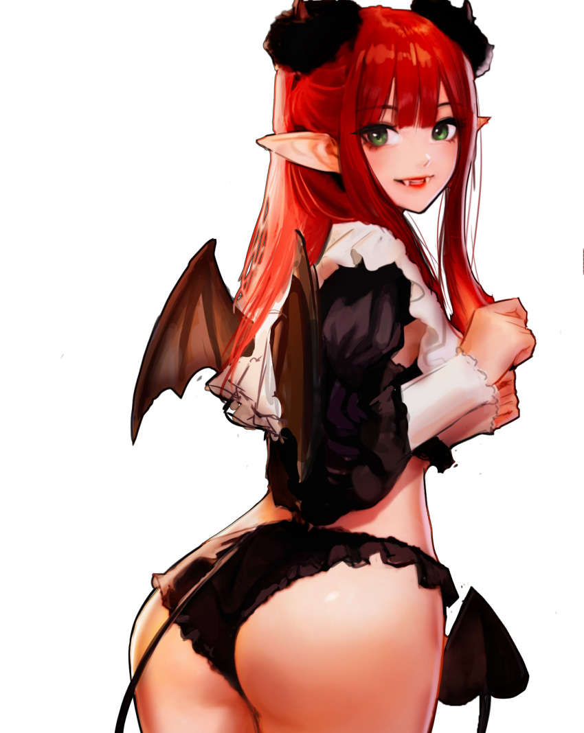1girl ass bangs black_panties black_shirt black_wings commentary_request demon_girl demon_horns demon_tail demon_wings fangs frills from_behind green_eyes highres horns jungon_kim kitagawa_marin long_hair long_sleeves looking_at_viewer looking_back no_pants panties parted_lips pointy_ears puffy_sleeves redhead rizu-kyun shirt simple_background solo sono_bisque_doll_wa_koi_wo_suru tail teeth underwear white_background wings