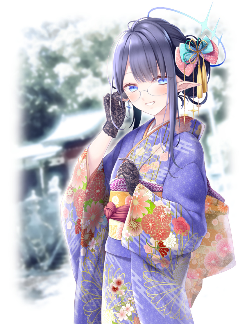 1girl adjusting_hair architecture bangs black_gloves black_legwear blue_archive blue_eyes blurry blurry_background bow commentary earrings east_asian_architecture elf eyebrows_visible_through_hair eyelashes eyes_visible_through_hair floral_print forehead glasses gloves hair_bow hair_ornament halo hand_up highres japanese_clothes jewelry kimono long_bangs long_hair looking_at_viewer midorino_eni open_mouth outdoors parted_bangs pointy_ears purple_kimono rin_(blue_archive) single_earring slit_pupils solo stairs tassel teeth tree