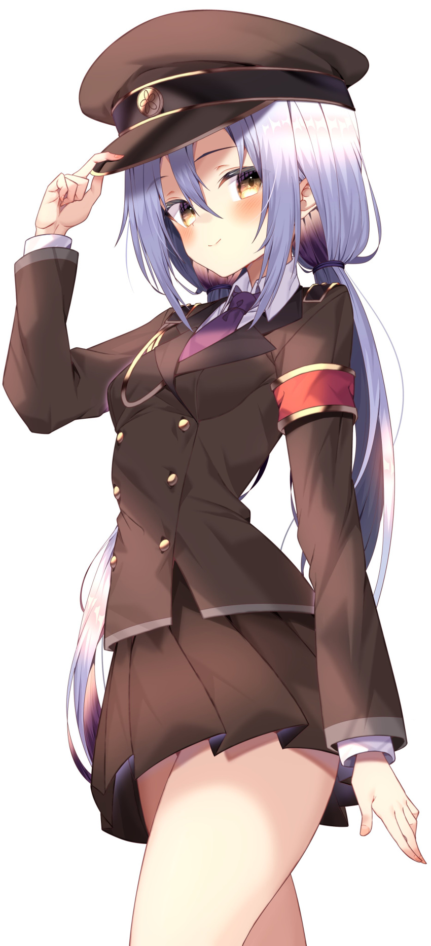 1girl absurdres armband bangs bare_legs black_headwear black_jacket black_skirt brown_eyes closed_mouth collared_shirt cowboy_shot floating_hair hair_between_eyes hat highres jacket jun_(aousa0328) long_hair long_sleeves looking_at_viewer low_twintails military military_hat military_jacket military_uniform miniskirt necktie original pleated_skirt purple_necktie shirt silver_hair simple_background skirt smile solo standing twintails uniform very_long_hair white_background white_shirt wing_collar