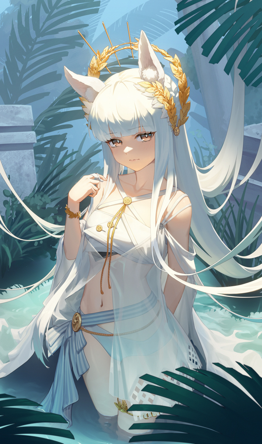 1girl absurdres animal_ear_fluff animal_ears arknights arm_behind_back atkdog bangs bare_shoulders bikini blunt_bangs bracelet breasts bright_pupils brown_eyes closed_mouth collarbone day eyebrows_visible_through_hair hair_twirling highres horse_ears jewelry laurel_crown long_hair looking_at_viewer nervous_smile official_alternate_costume outdoors plant platinum_(arknights) platinum_(shimmering_dew)_(arknights) pond silver_hair small_breasts solo swimsuit swimsuit_cover-up very_long_hair wading water wavy_mouth white_bikini