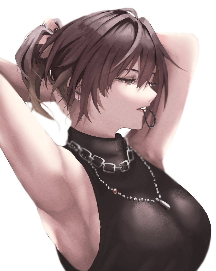 1girl absurdres aketa_mikoto armpits arms_behind_head arms_up black_shirt breasts brown_hair chain_necklace earrings highres idolmaster idolmaster_shiny_colors jewelry kaiyuugyo_(furafura_sunna) large_breasts looking_down mouth_hold nail_polish nape ponytail rubber_band shirt simple_background sleeveless sleeveless_shirt solo tying_hair upper_body white_background