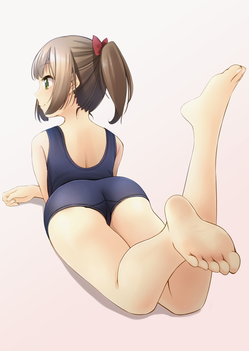 1girl ass bangs bare_legs bare_shoulders barefoot blue_swimsuit blush bow brown_background brown_hair closed_mouth commentary_request eyebrows_visible_through_hair feet foot_focus green_eyes hair_bow highres lying on_stomach one-piece_swimsuit original ponytail profile red_bow school_swimsuit shibacha sidelocks smile soles solo swimsuit the_pose