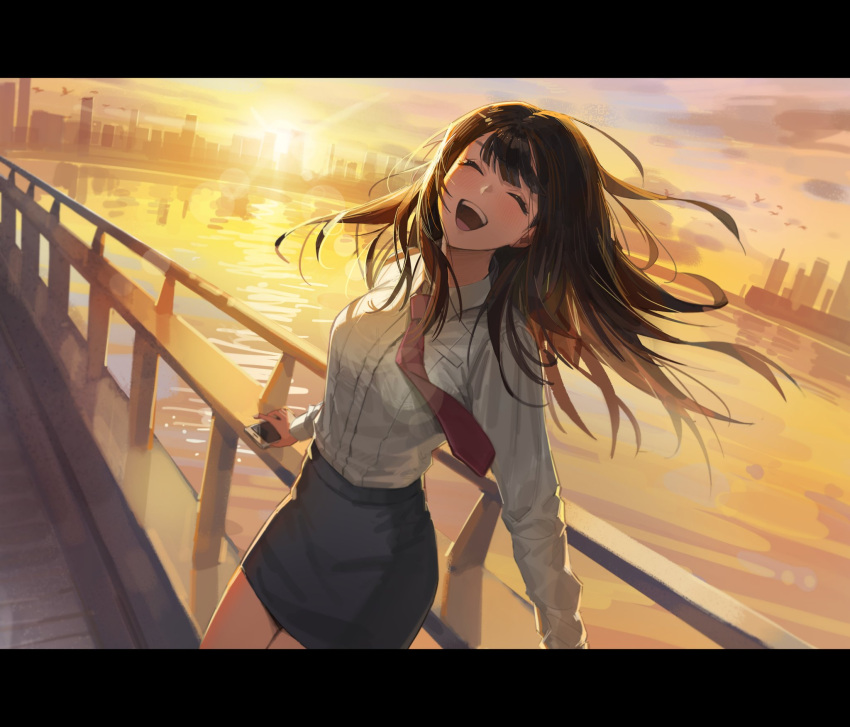 1girl :d against_railing bangs black_skirt blush breasts brown_hair cellphone cityscape closed_eyes collared_shirt cowboy_shot dress_shirt floating_hair happy highres holding holding_phone lens_flare letterboxed long_hair long_sleeves maenoo miniskirt necktie open_mouth original outdoors pencil_skirt phone railing red_necktie shirt shirt_tucked_in skirt skyline smartphone smile solo standing sunrise teeth twilight upper_teeth white_shirt