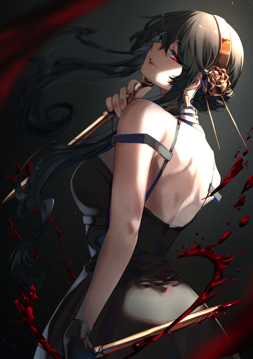 1girl absurdres back bangs bare_arms black_dress black_gloves black_hair blood breasts brown_flower brown_hairband dress eyebrows_visible_through_hair flower gloves hair_between_eyes hair_flower hair_ornament hairband hand_up highres holding holding_weapon large_breasts long_hair looking_at_viewer looking_back mikan_(chipstar182) parted_lips red_eyes sidelocks solo spy_x_family weapon yor_briar